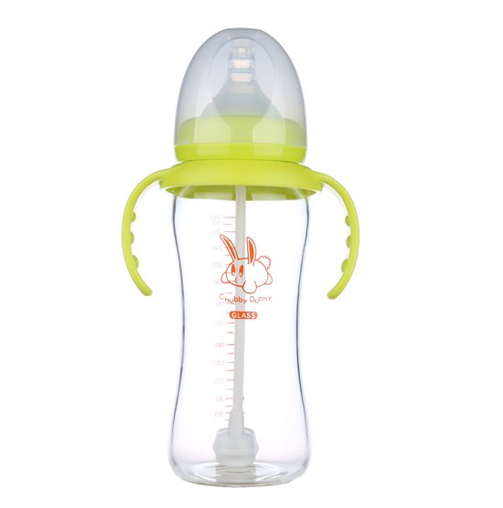 丘比兔玻璃寬口徑葫蘆型自動把手奶瓶280ML青色