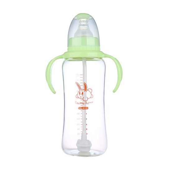 丘比兔玻璃標準口徑葫蘆型自動把手奶瓶280ML綠色