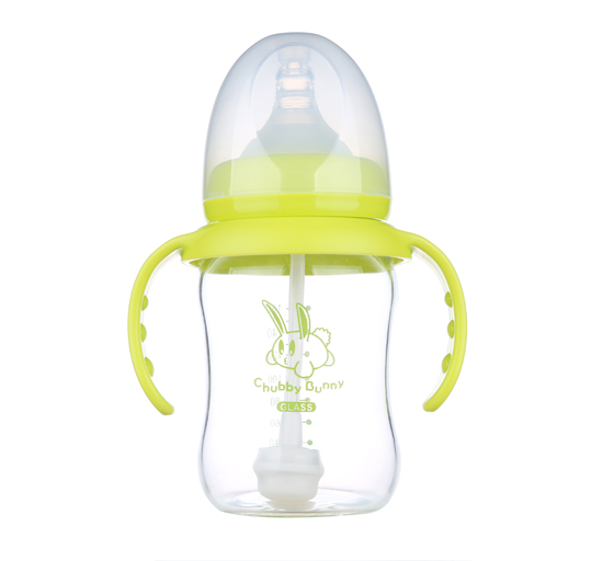 丘比兔玻璃寬口徑葫蘆型自動把手奶瓶160ML青色