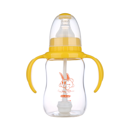 丘比兔標準口徑玻璃葫蘆型自動把手奶瓶120ML黃色